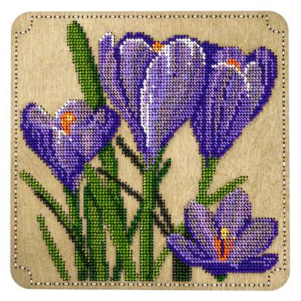 DIY Bead embroidery kit "Crocuses" for creating bead organizer tray with a wooden lid.