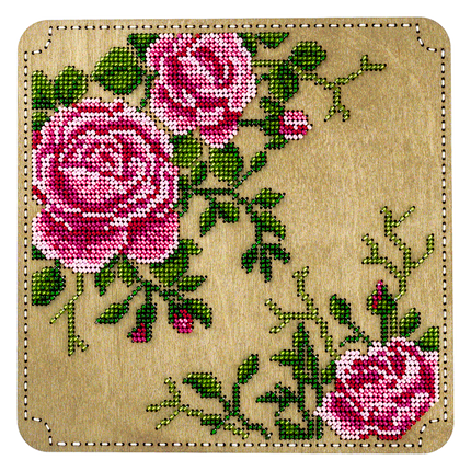 DIY Bead embroidery kit "Roses" for creating bead organizer tray with a wooden lid.