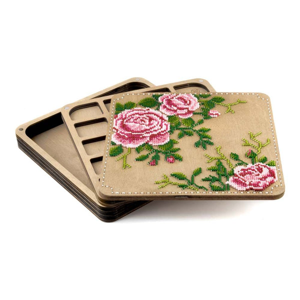 DIY Bead embroidery kit "Roses" for creating bead organizer tray with a wooden lid.