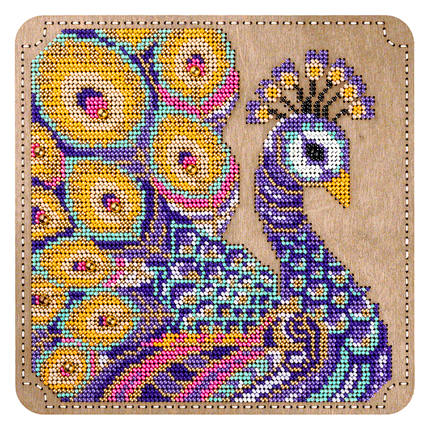 DIY Bead embroidery kit "Peacock" for creating bead organizer tray with a wooden lid.