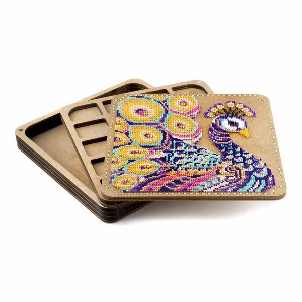 DIY Bead embroidery kit "Peacock" for creating bead organizer tray with a wooden lid.