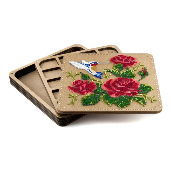 DIY Bead embroidery kit "Hummingbirds and roses" for creating bead organizer tray with a wooden lid.