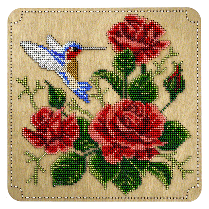 DIY Bead embroidery kit "Hummingbirds and roses" for creating bead organizer tray with a wooden lid.