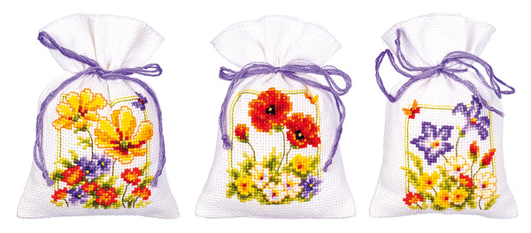 DIY Counted Cross Stitch Kit "Bag kit Summer flowers set of 3"