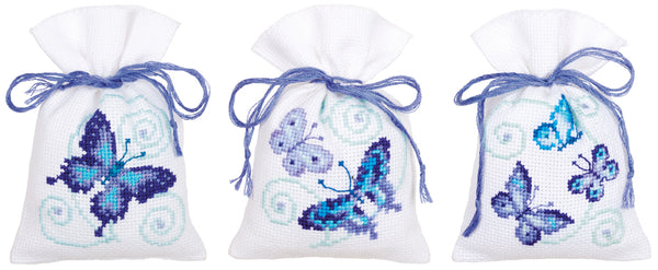 DIY Counted Cross Stitch Kit "Bag kit Blue butterflies set of 3"