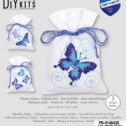 DIY Counted Cross Stitch Kit "Bag kit Blue butterflies set of 3"