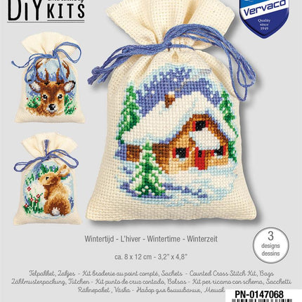 DIY Counted Cross Stitch Kit "Bag kit Wintertime set of 3, Christmas gifts"