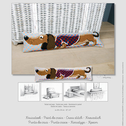 DIY Cross Stitch Cushion Kit "Dachshund in jacket", Draft stopper kit