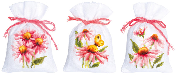 DIY Counted Cross Stitch Kit "Bag kit Coneflowers and butterflies set of 3"