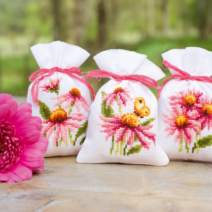 DIY Counted Cross Stitch Kit "Bag kit Coneflowers and butterflies set of 3"