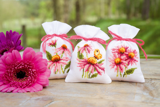 DIY Counted Cross Stitch Kit "Bag kit Coneflowers and butterflies set of 3"