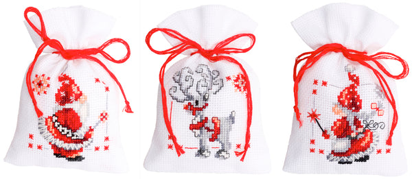 DIY Counted Cross Stitch Kit "Bag kit Christmas elves set of 3"