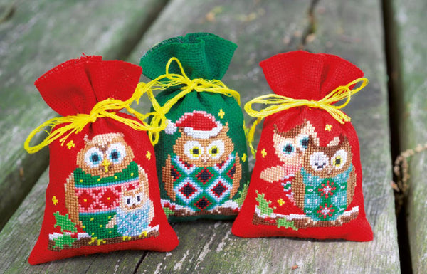 DIY Counted Cross Stitch Kit "Set of 3 Bags "Christmas Owls""