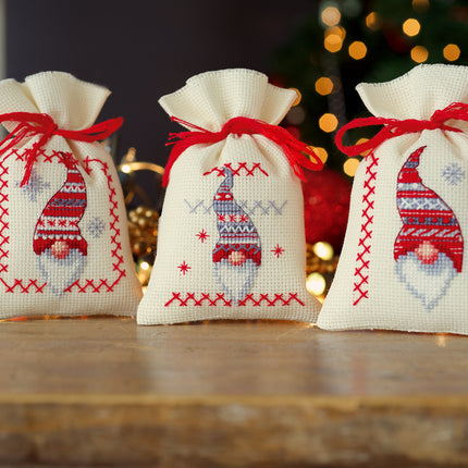DIY Counted Cross Stitch Kit "Bag kit Christmas gnomes set of 3"