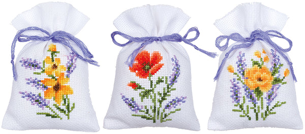 DIY Counted Cross Stitch Kit "Bag kit Flowers & lavender set of 3"