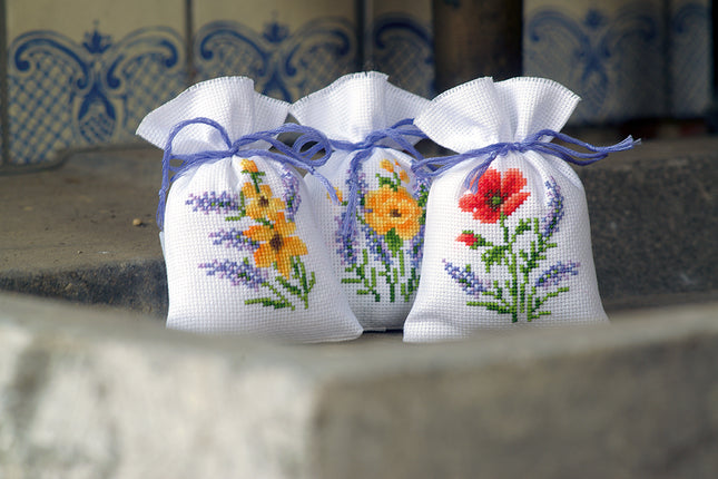 DIY Counted Cross Stitch Kit "Bag kit Flowers & lavender set of 3"