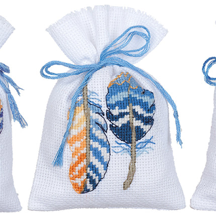 DIY Counted Cross Stitch Kit "Bag kit Blue feathers set of 3"