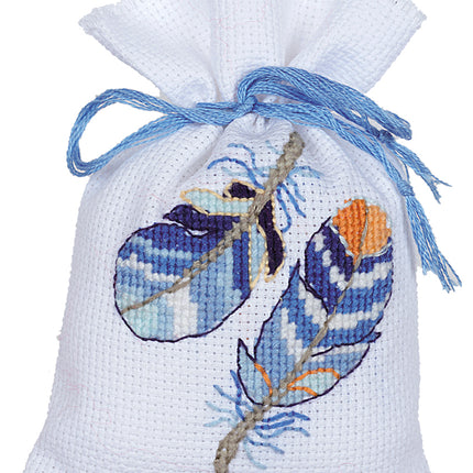 DIY Counted Cross Stitch Kit "Bag kit Blue feathers set of 3"