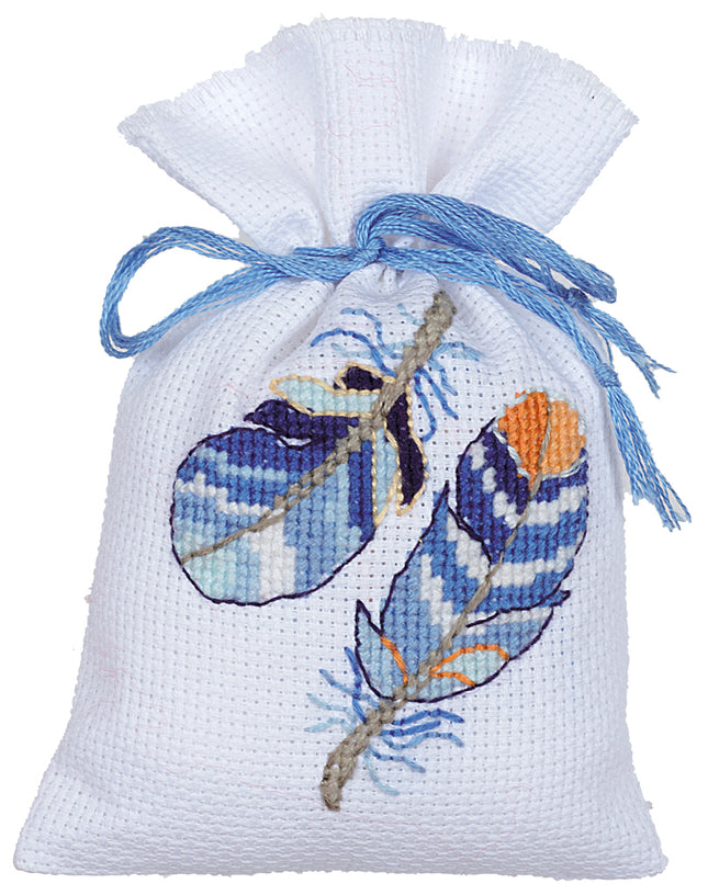 DIY Counted Cross Stitch Kit "Bag kit Blue feathers set of 3"