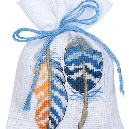 DIY Counted Cross Stitch Kit "Bag kit Blue feathers set of 3"