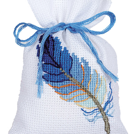 DIY Counted Cross Stitch Kit "Bag kit Blue feathers set of 3"