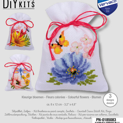 DIY Counted Cross Stitch Kit "Bag kit Colourful flowers set of 3"