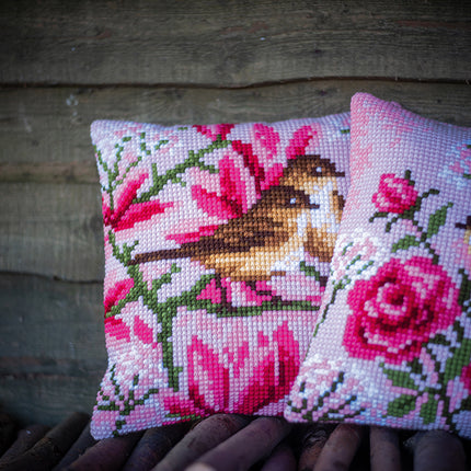 DIY Cross stitch cushion kit "Birds and magnolia"