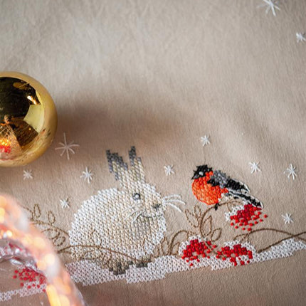 DIY Printed Tablecloth kit "Snow hare and goldfinch"