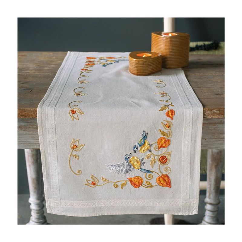DIY Table Runner kit "PN-0194789 Cross-stitch kit (track) 40x100cm Vervaco "Chickadees with cape gooseberry"""