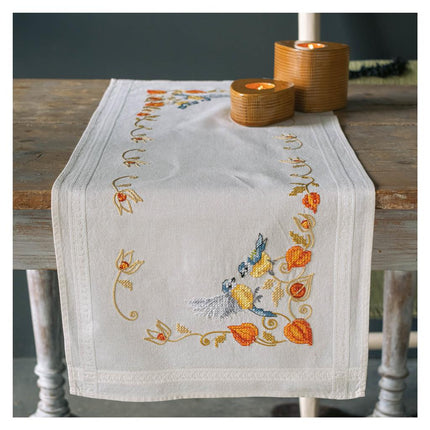 DIY Table Runner kit "PN-0194789 Cross-stitch kit (track) 40x100cm Vervaco "Chickadees with cape gooseberry"""