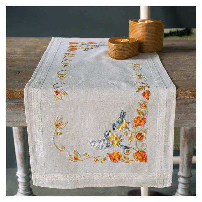 DIY Table Runner kit "PN-0194789 Cross-stitch kit (track) 40x100cm Vervaco "Chickadees with cape gooseberry"""