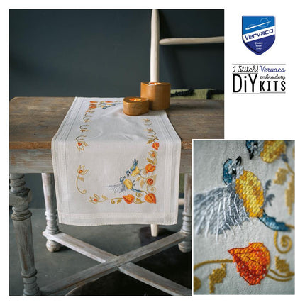 DIY Table Runner kit "PN-0194789 Cross-stitch kit (track) 40x100cm Vervaco "Chickadees with cape gooseberry"""