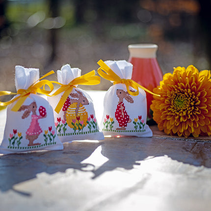 DIY Counted Cross Stitch Kit "Bag kit Easter rabbits in tulip garden set of 3"