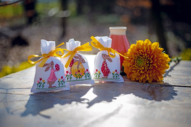 DIY Counted Cross Stitch Kit "Bag kit Easter rabbits in tulip garden set of 3"