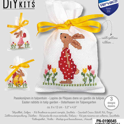 DIY Counted Cross Stitch Kit "Bag kit Easter rabbits in tulip garden set of 3"