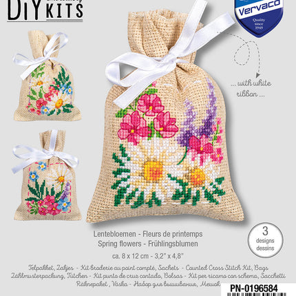 DIY Counted Cross Stitch Kit "Bag kit Spring flowers set of 3"