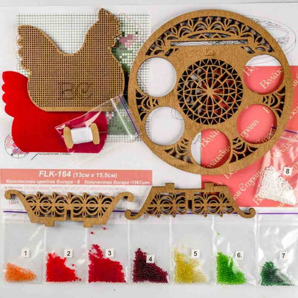 DIY Bead Embroidery Kit on Wood "Chicken with roses"
