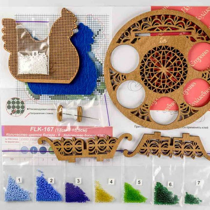 DIY Bead Embroidery Kit on Wood "Chicken with blue flowers"