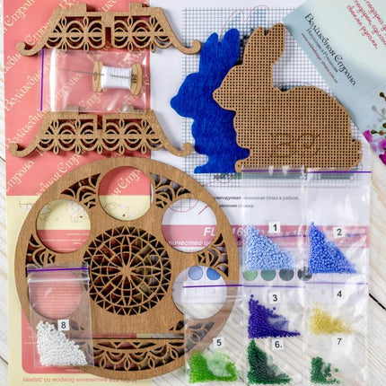 DIY Bead Embroidery Kit on Wood "Easter rabbit"