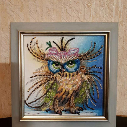 DIY Bead Embroidery Kit "Owl and bow"  5.9"x5.9" / 15.0x15.0 cm