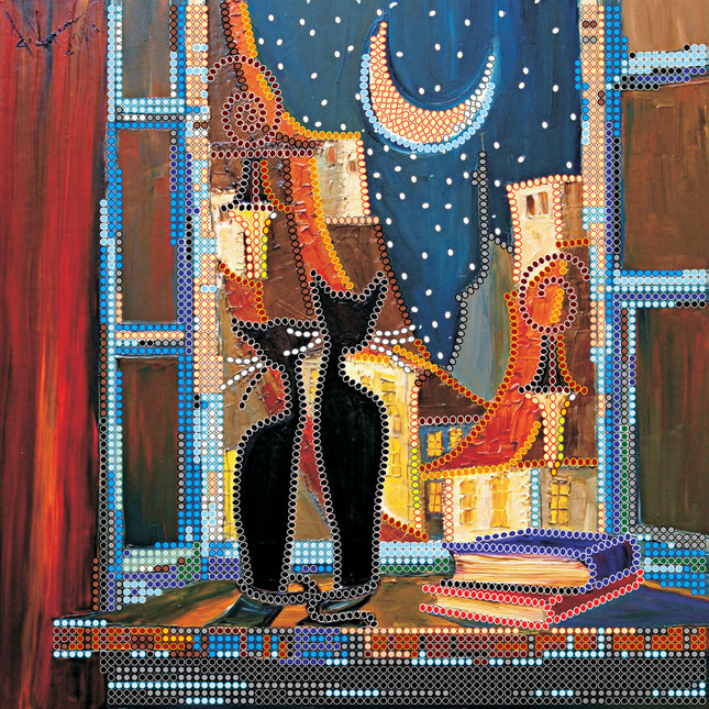 Canvas for bead embroidery "Cats at window" 7.9"x7.9" / 20.0x20.0 cm