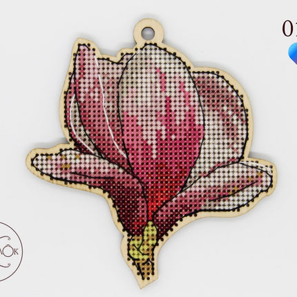 DIY Cross stitch kit on wood "Magnolia" 3.7x3.9 in / 9.5x10.0 cm