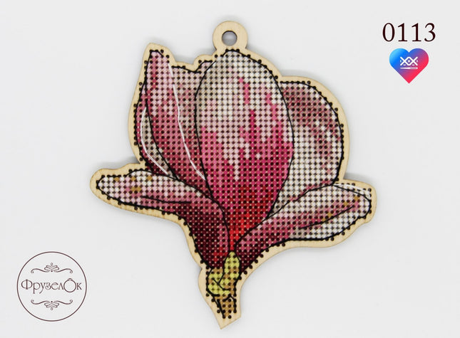 DIY Cross stitch kit on wood "Magnolia" 3.7x3.9 in / 9.5x10.0 cm