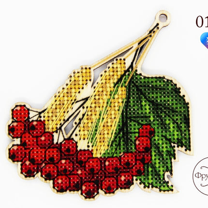 DIY Cross stitch kit on wood "Viburnum" 3.9x3.3 in / 10.0x8.5 cm