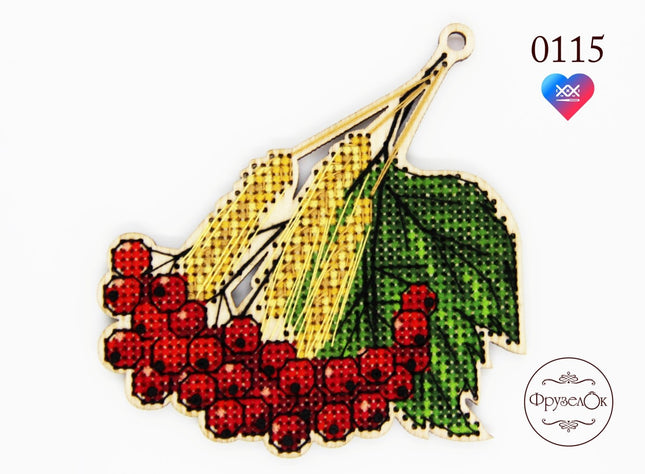 DIY Cross stitch kit on wood "Viburnum" 3.9x3.3 in / 10.0x8.5 cm