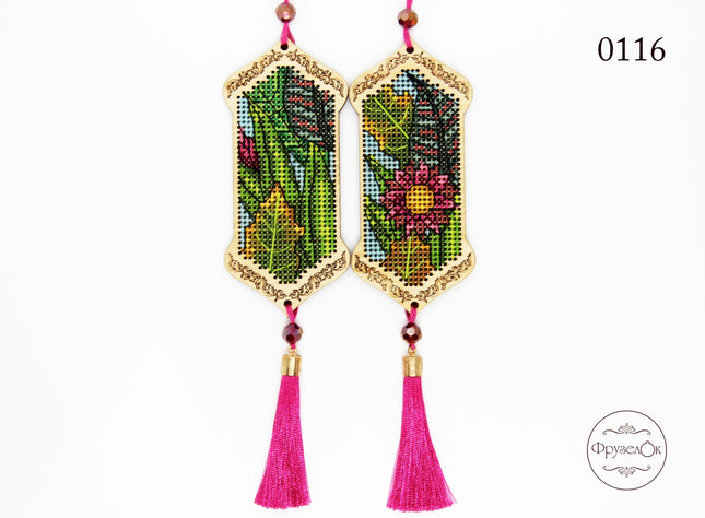 DIY Cross stitch kit on wood "Tropic" 3.9x1.8 in / 10.0x4.5 cm