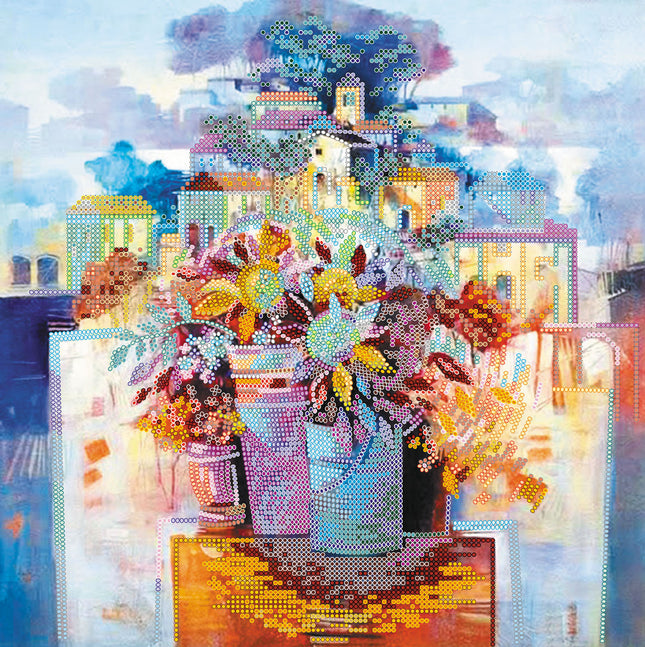 Canvas for bead embroidery "City of flowers" 11.8"x11.8" / 30.0x30.0 cm