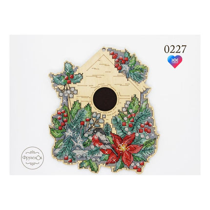DIY Cross stitch kit on wood "Winter birdhouse" 7.1x6.1 in / 18.0x15.5 cm