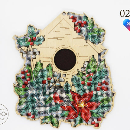 DIY Cross stitch kit on wood "Winter birdhouse" 7.1x6.1 in / 18.0x15.5 cm
