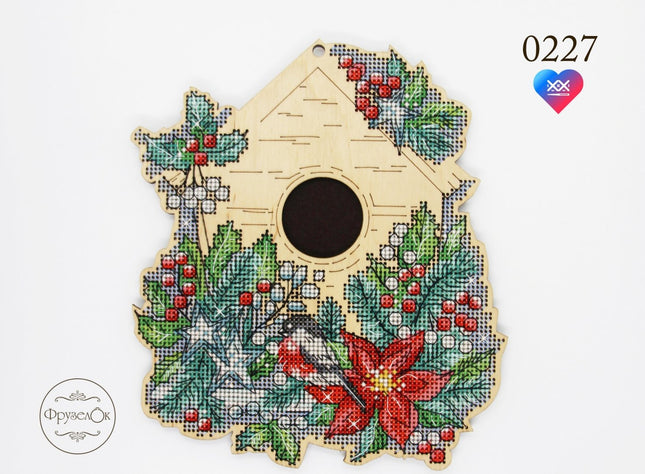DIY Cross stitch kit on wood "Winter birdhouse" 7.1x6.1 in / 18.0x15.5 cm